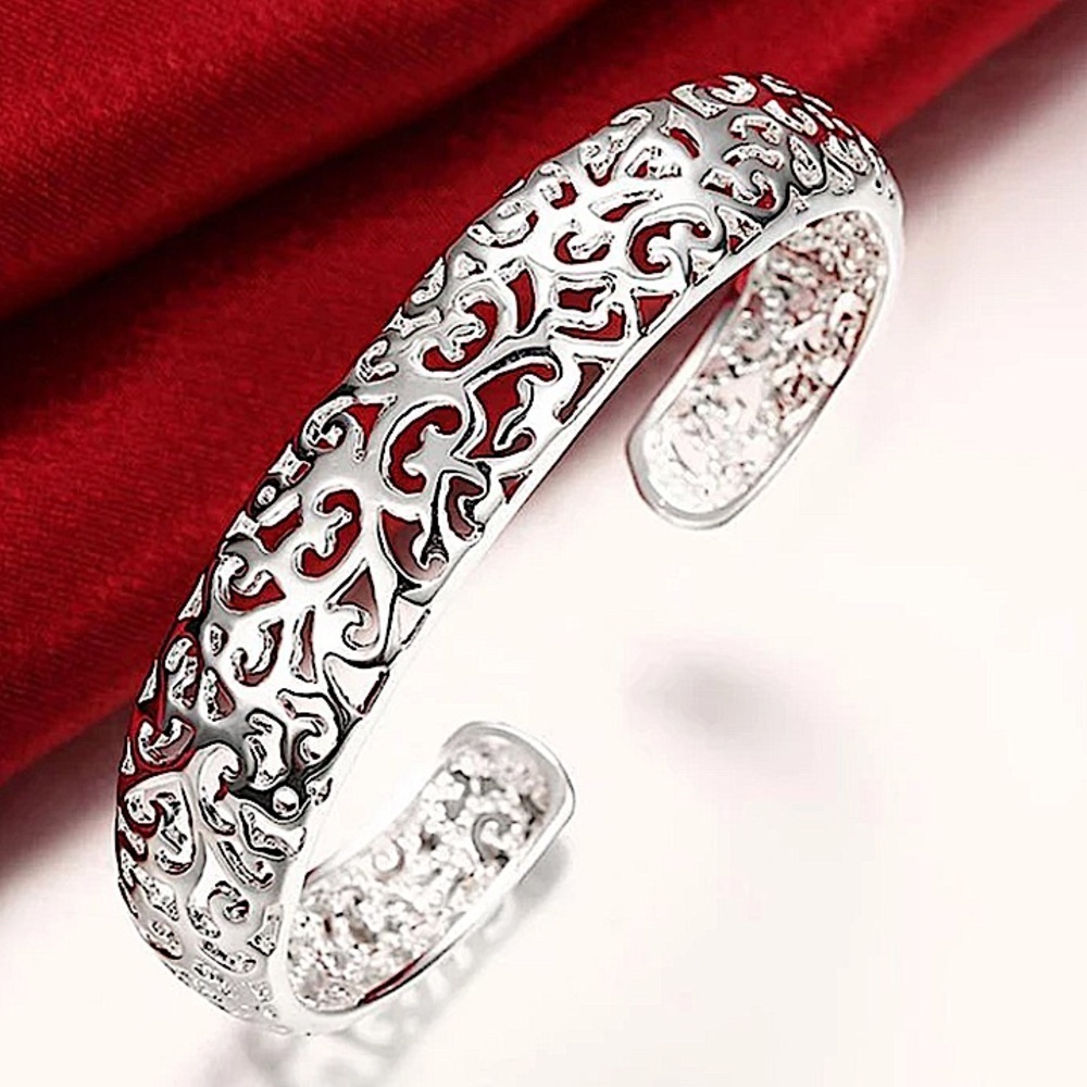 Hollow Out Flower Sterling Silver Cuff Bangle Bracelet